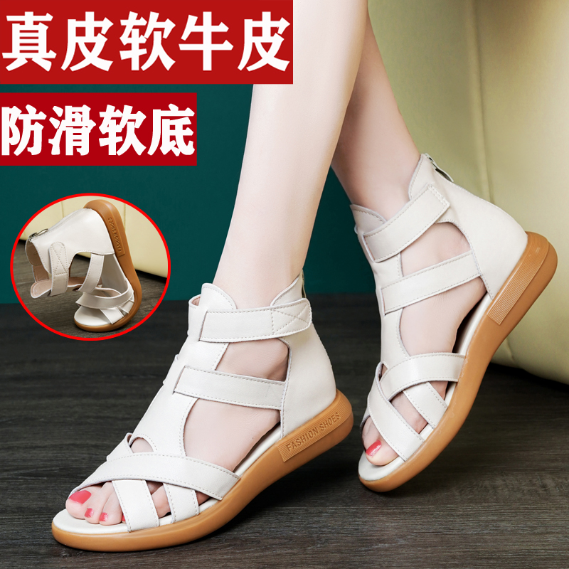 Genuine Leather Roman Sandals for Women 2025 New Style Women's Shoes Flat Ladies Hollow-Out Mom Shoes Soft Sole Casual Sandals for Women