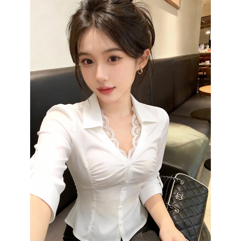 Sexy Pure Desire Style Slim Fit Lace-Trimmed Mid-Sleeve White Shirt for Women, Summer Professional Wear Ol Style Mature White Blouse Top