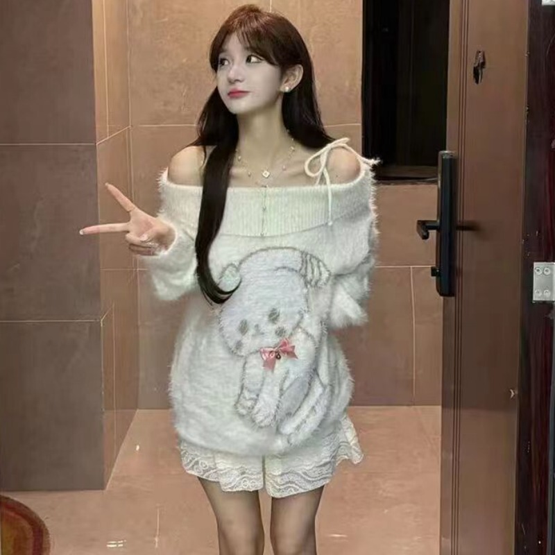 Sweet and Pure Style One-Shoulder Furry Sweater Dress for Girls with Cartoon Puppy Design, Soft and Fluffy White Knitted Short Dress Sweet and Pure Style One-Shoulder Furry Sweater Dress for Girls with Cartoon Puppy Design, Soft and Fluffy White Knitted Short Dress