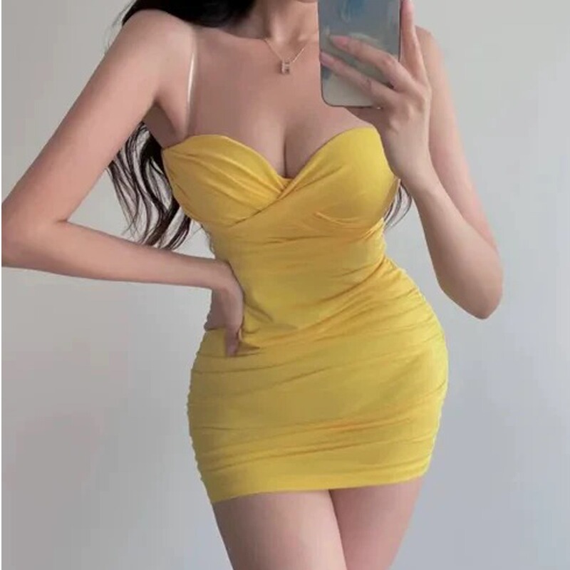 Sexy Elegant Little Dress, Yellow Tube Top Dress, Women's Summer Hot Girl Pure Desire Nightclub Hip-Hugging Short Skirt Dress