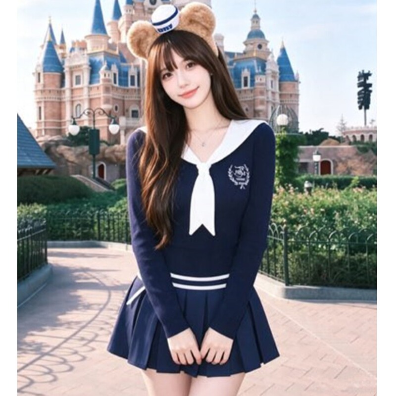 Korean Style Jk Uniform, Preppy Style Navy Collar Long-Sleeved Blue T-Shirt Top, Blue Skirt Suit, Golf Billiards Work Clothes