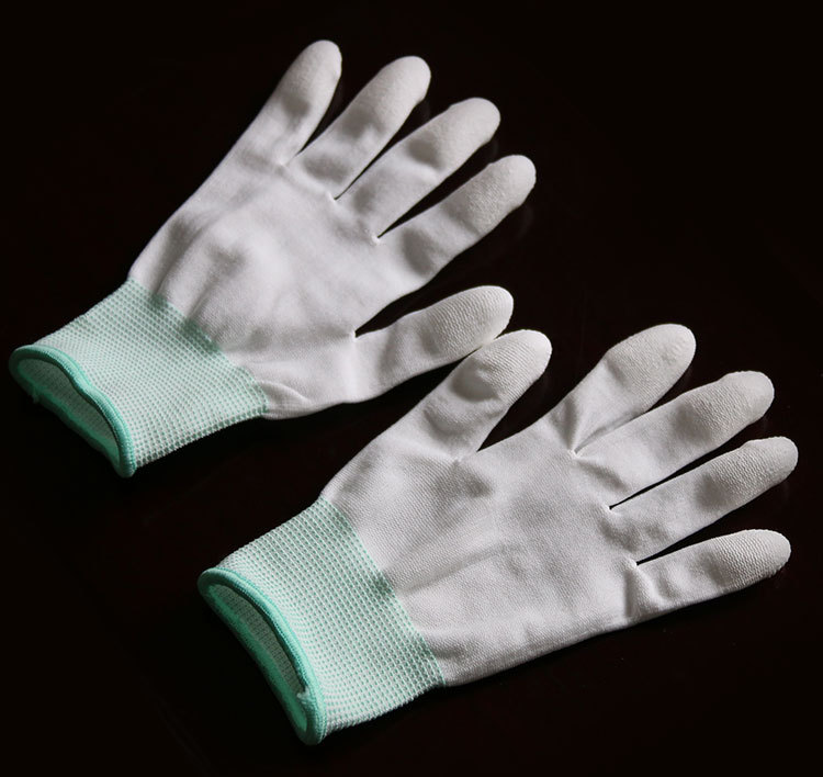 White nylon PU coated finger glove Lauprotect protective coated static cotton yarn gloves Electronic factory Production Job glove sticker