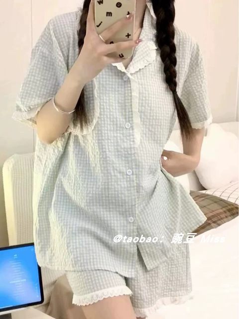 ເກົາຫຼີ ins simple plaid short-sleeved shorts pajamas for women summer new sweet girl internet celebrity home wear set