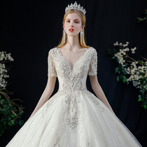 Law Style Main Wedding Dresses 2022 New Brides Big Trailing Advanced Sensation V Collar Reworked Luxury Short Sleeves Small