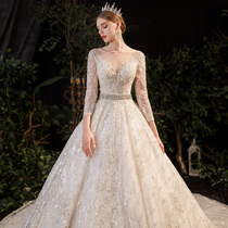 Long sleeve fasting wedding dress 2022 new bridal main wedding dress small sub-palace wind reworked trailing senior summer daughter