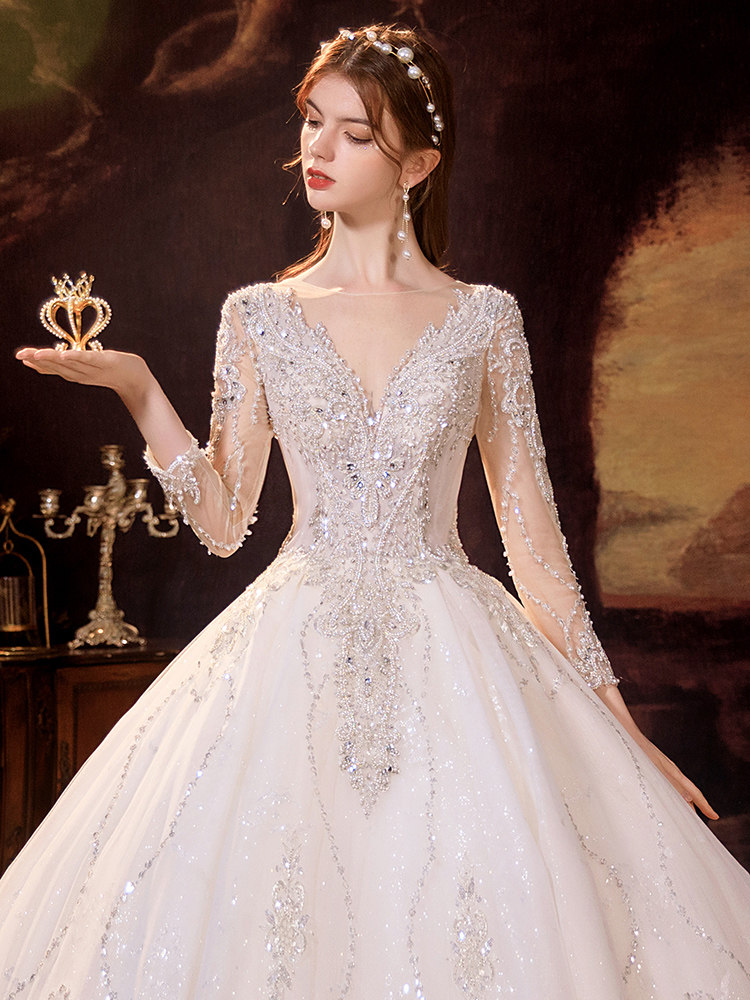 Main wedding dress 202021 new bridal temperament trailing French long-sleeved high-end sense of light luxury high-end court style