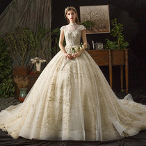 Main Wedding Dress 2021 New Bride Mori Hepburn Retro Stand Collar Shake Sound Net Red Luxury Luxury Big Tail