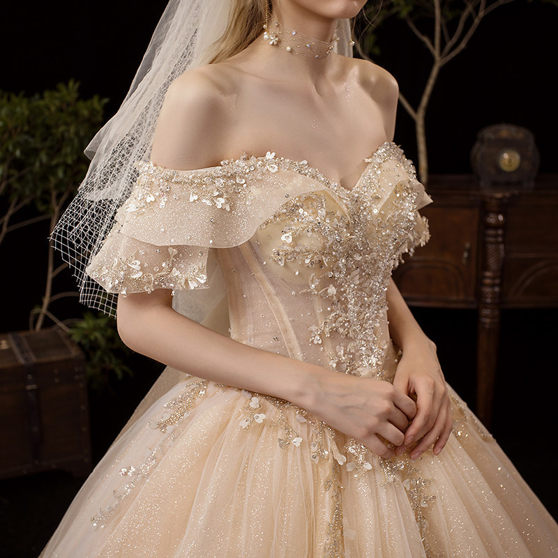 Main Wedding Dress 2022 New Bride Small Tailgating French Off Shoulder Heavy Industry Luxury Luxury Luxury Palace