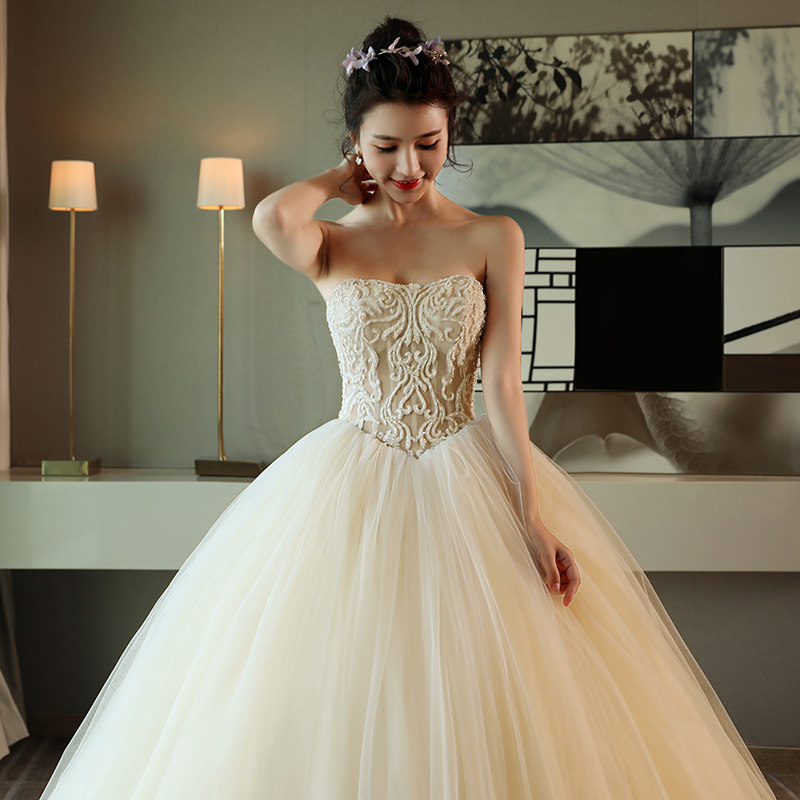 Main Wedding Dress 2022 New Bride Wedding Strapless Slim Fashion Simple Champagne Tail