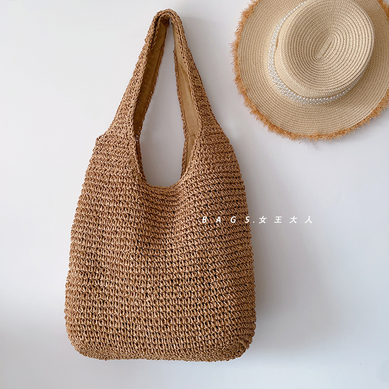 Summer Vacation Style Raffia Woven Bag, Large Capacity, Versatile Casual Beach Bag, Single Shoulder Woven Bag, Vest Bag for Women