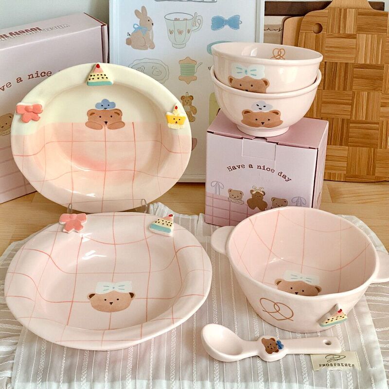 Underglaze Color Cute Tableware Ceramic Bowl and Plate Set, Bowl and Plate Set, Rice Bowl, Double-Eared Yogurt Bowl, Noodle Bowl, Salad Bowl