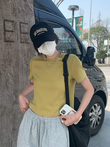 Летняя двусторонная эластичная однотонная короткая футболка, по фигуре