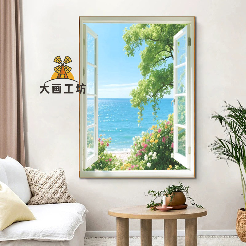 Landscape Painting with Mountains, Lakes, and Flowers, Large Window Scenery Painting, White Fake Window Decorative Painting, Entrance Space Extension Painting Landscape Painting with Mountains, Lakes, and Flowers, Large Window Scenery Painting, White Fake Window Decorative Painting, Entrance Space Extension Painting