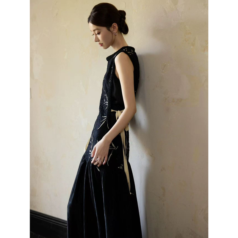 Black Rope Embroidered Sleeveless Dress 2025 Summer New Style Elegant Vacation Style Patchwork Long Dress