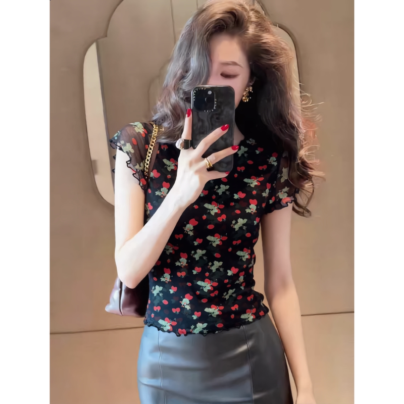 Vintage, Beautiful, Unique Floral Print Mesh Short-Sleeve Women's T-Shirt with Ruffled Edges, Gentle and Age-Reducing, Covers the Body, ins Top Vintage, Beautiful, Unique Floral Print Mesh Short-Sleeve Women's T-Shirt with Ruffled Edges, Gentle and Age-Reducing, Covers the Body, ins Top