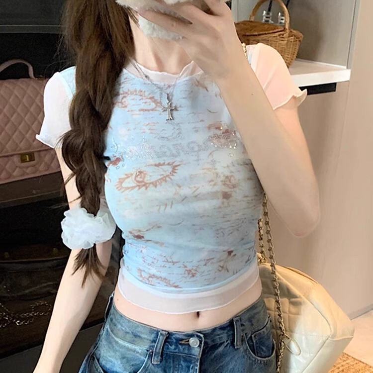 Three-Dimensional Rhinestone Design Short-Sleeved Top, Short Shirt with Irregular Splicing, Mesh T-Shirt, Unique Printed Top Three-Dimensional Rhinestone Design Short-Sleeved Top, Short Shirt with Irregular Splicing, Mesh T-Shirt, Unique Printed Top
