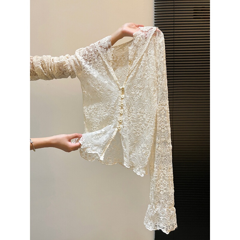 Purely Sensual Lace Jacquard Design Long-Sleeved Jacket, Unique Hollow-Out Bell-Sleeve Top with V-Neck for Spring and Autumn