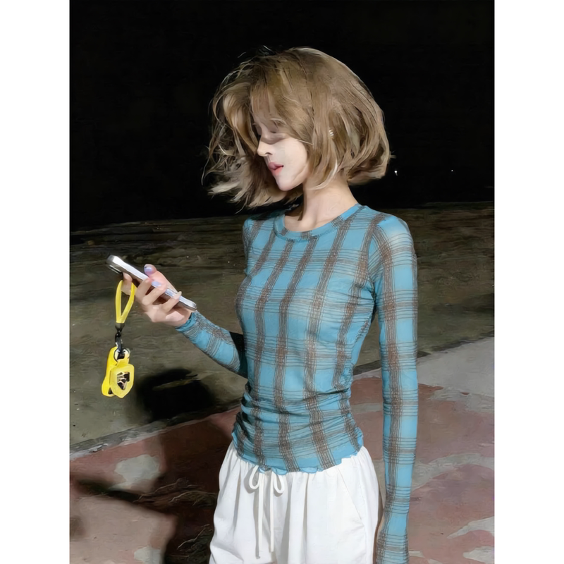 Elegant Thin Plaid Long-Sleeve T-Shirt for Women, Summer 2026, Slimming, Sheer, Versatile, Super Pretty Mesh Overlay Top Elegant Thin Plaid Long-Sleeve T-Shirt for Women, Summer 2026, Slimming, Sheer, Versatile, Super Pretty Mesh Overlay Top