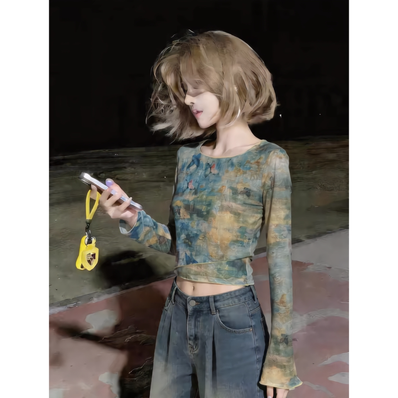 Beautiful Oil Painting Tie-Dye Printed Long-Sleeved T-Shirt for Women, Mesh See-Through Sexy Style Sun Protection Cover-Up Short Top ins Beautiful Oil Painting Tie-Dye Printed Long-Sleeved T-Shirt for Women, Mesh See-Through Sexy Style Sun Protection Cover-Up Short Top ins