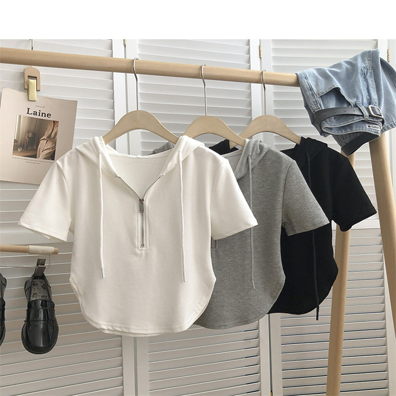 Hot Girl Hooded Short-Sleeved T-Shirt for Women 2022 Summer New Style Pure Desire Style Short Irregular Slim Half-Sleeve Top