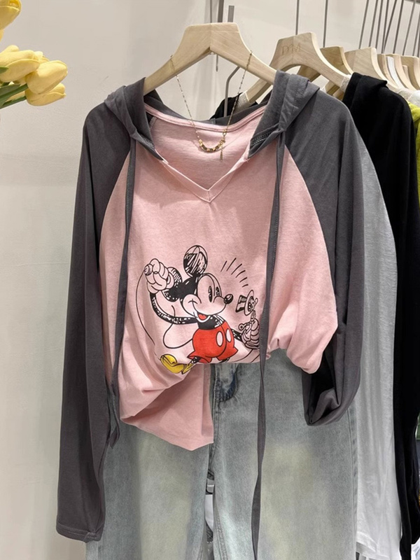 Korean Design Raglan Sleeve Hooded Mickey Long-Sleeve T-Shirt for Women 2023 Casual Lightweight Breathable Sun Protection Top ins