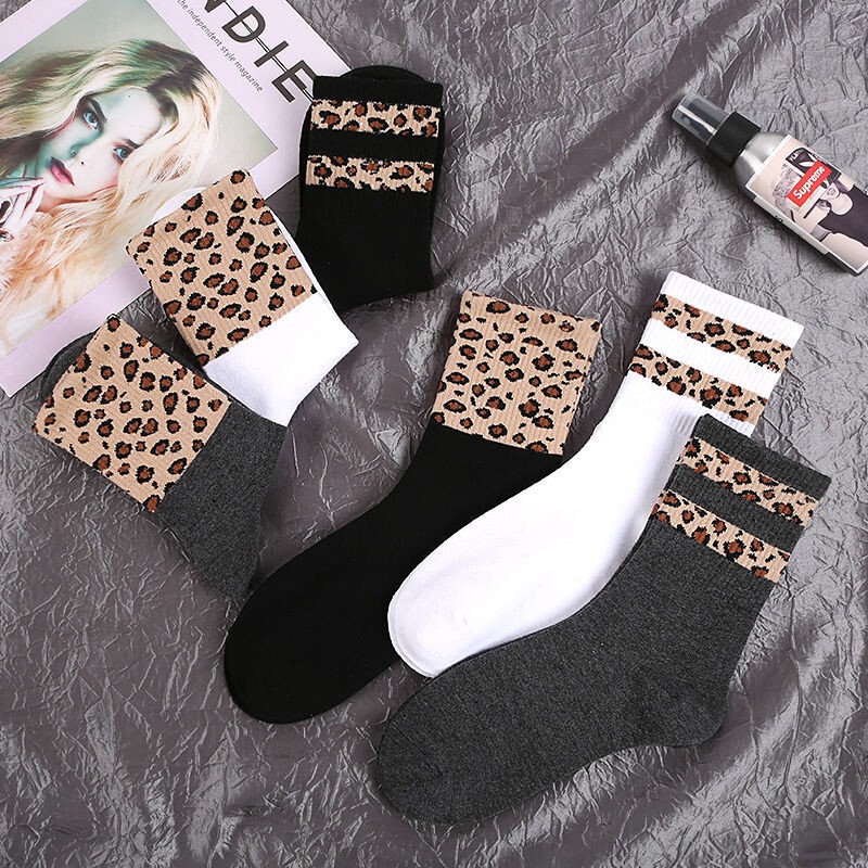 Mid-Calf Socks with Floral and Leopard Print, Women's Unique Retro Palace Zebra Print Korean Style Long Cotton Socks, Autumn and Winter Artistic Thick Socks