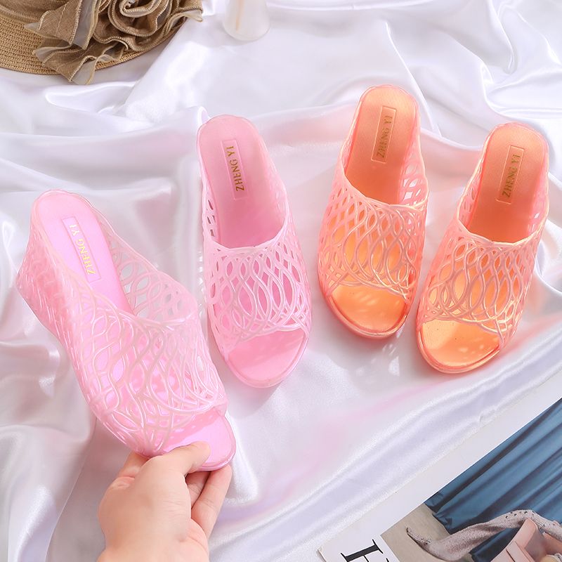 2024 Jelly High-Heeled Women's Shoes, Pearlescent and Colorful, Fashionable and Versatile, Chunky Heel, Waterproof, Suitable for Outdoor Wear, Women's Slippers, Height-Increasing Shoes