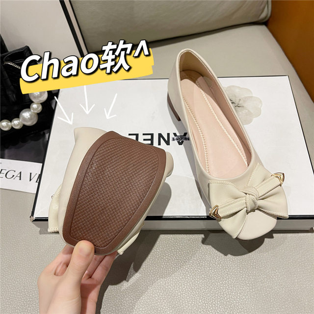 Retro flat bow ເກີບດຽວສໍາລັບແມ່ຍິງ 2024 ພາກຮຽນ spring ໃຫມ່ soft leather soft sole square toe shallow scoop shoes grandma shoes