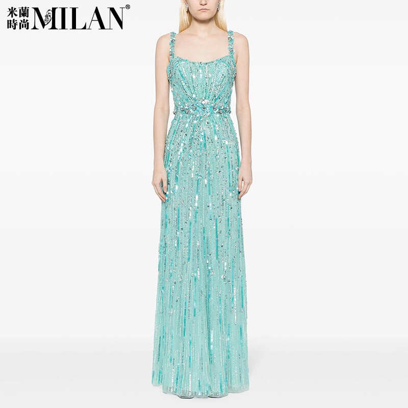 In Stock 2026 Spring/Summer European and American Celebrity Style Beaded Rhinestone Sequin Mesh Slimming Spaghetti Strap Dress Evening Gown Long Dress