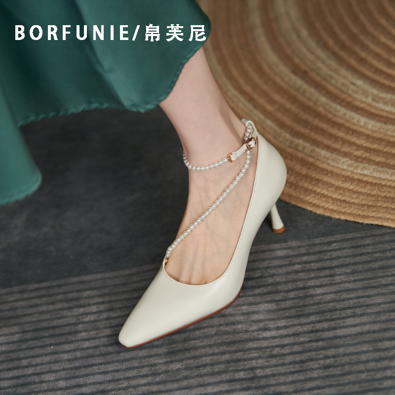 Face-style Elegant Pearl Decoration Famous and Feminine Slim heels Heels Slim Heels 2021 Fall New 