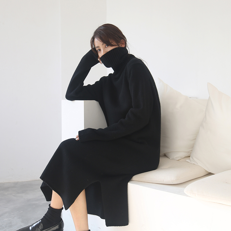 Black Turtleneck Sweater Dress, Loose Inner Dress, Thickened Over-The-Knee Long Dress, Paired with Coat, Knitted Dress for Winter