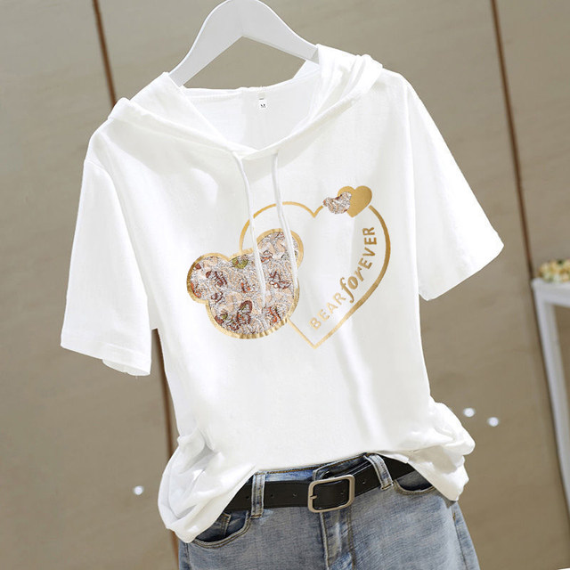 2022 summer new hooded white short-sleeved t-shirt women's beautiful thin section loose large size cotton t-shirt top trendy