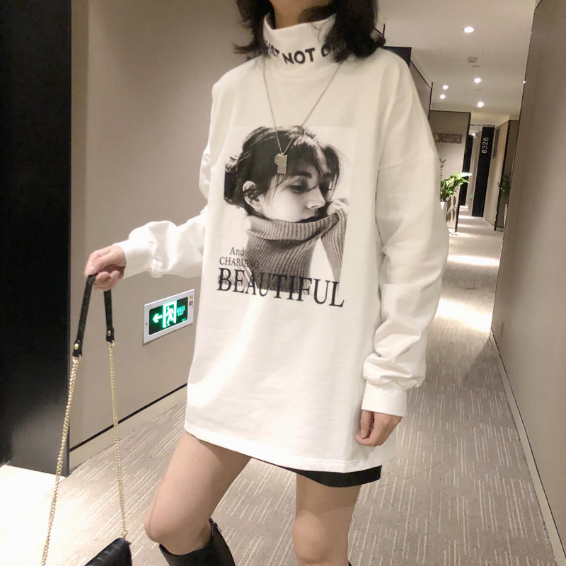 High-collar plus thickening blouse in autumn and winter loose and long-sleeved long-sleeved T-shirt tide