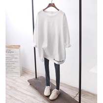 2021 Spring New Long Sleeve T-shirt Womens Loose Medium Long Korean Cotton Plus Velvet White base shirt Top Tide