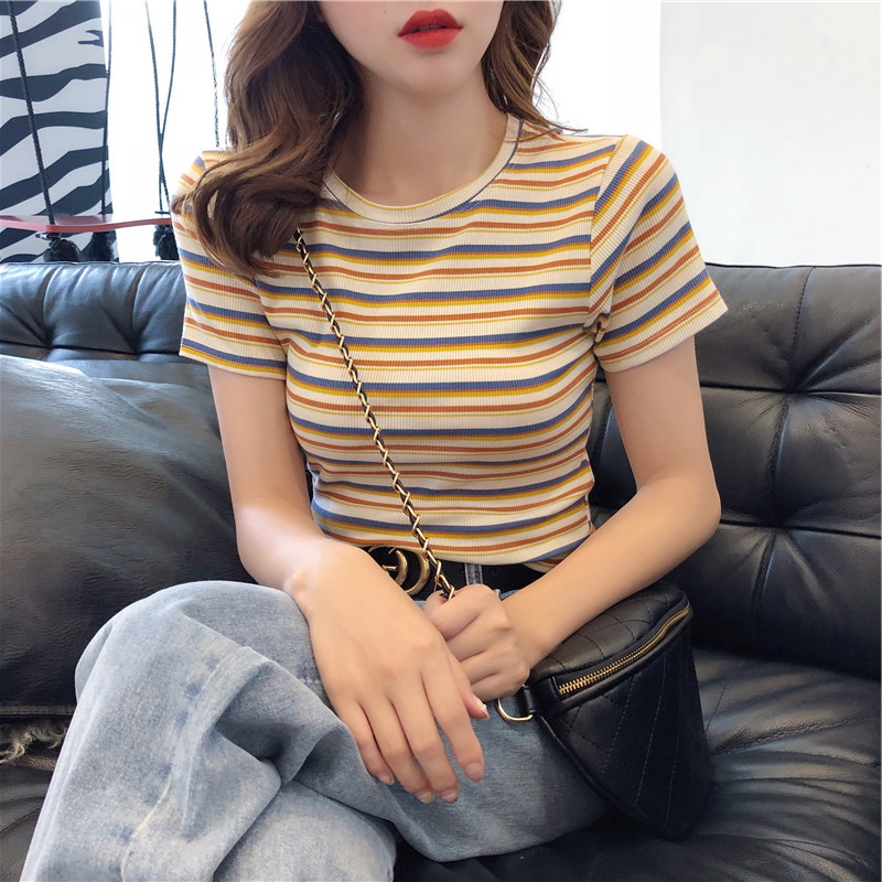 Pure Cotton Regular Shoulder T-Shirt for Women, Short Sleeve, Summer 2026 New Style, Thin and Slim Fit, Color-Blocked Striped Short Top
