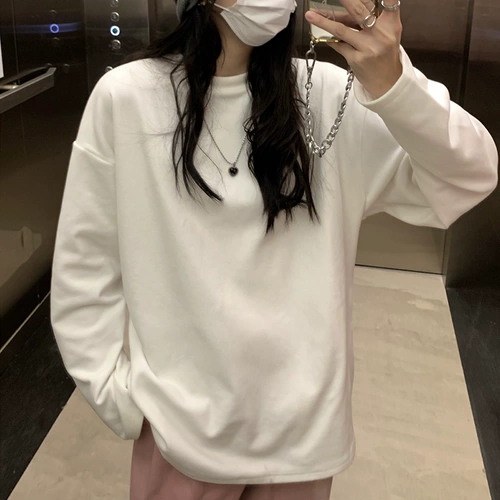 Белый бархатный базовый приятный телу удерживающий тепло лонгслив, флисовая футболка, оверсайз