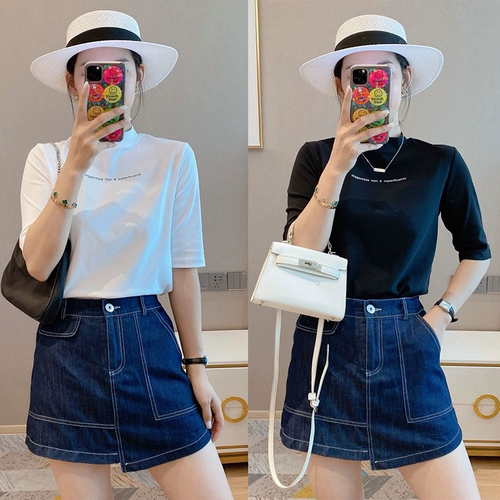 Весенняя летняя хлопковая базовая приятная телу футболка, высокий воротник, коллекция 2022