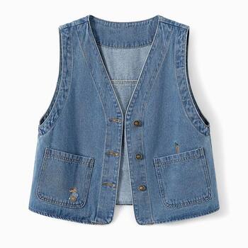 ເສື້ອຍືດ denim retro ແບບຮ່ອງກົງສໍາລັບແມ່ຍິງທີ່ມີການຖັກແສ່ວຄໍ v ແລະອະເນກປະສົງ