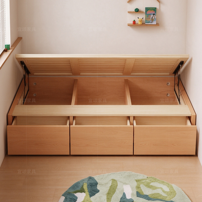 Beech Wood Solid Wood Small Apartment Bed Without Headboard, Storage Bed with High Box and Side-Opening Drawers, Air-Pressure Tatami Frame Bed