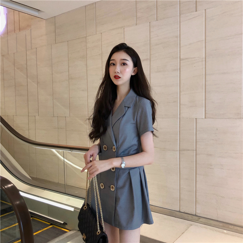 VK旗艦店 韓系復古氣質收腰百褶小西裝雙排釦短袖洋裝