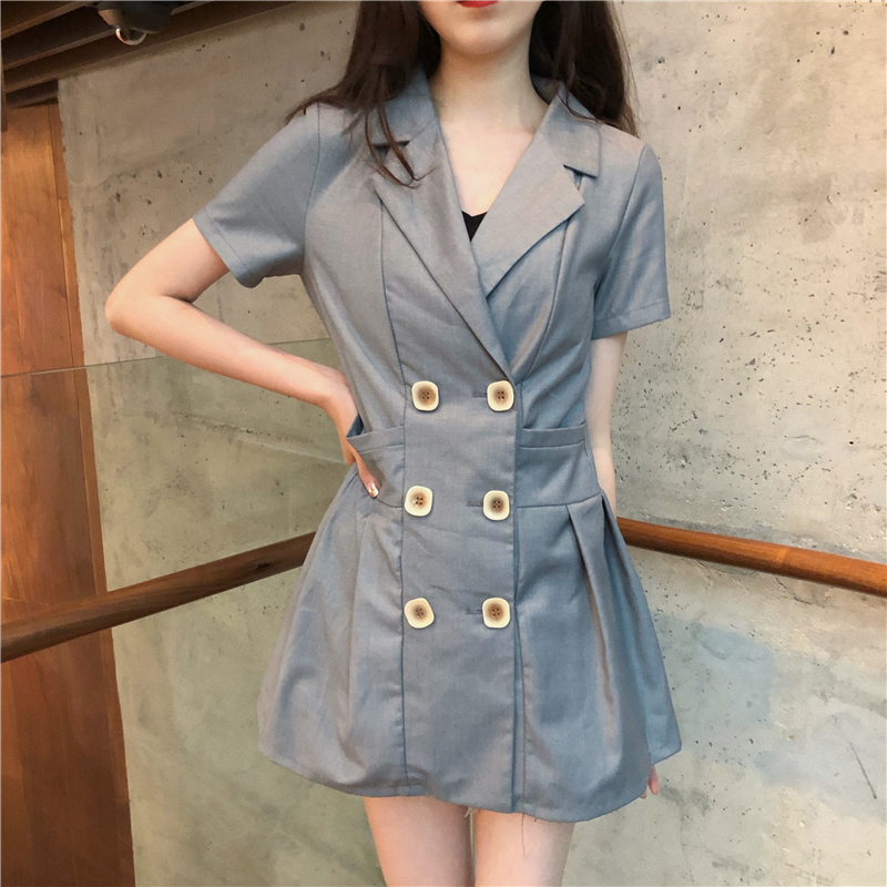 VK旗艦店 韓系復古氣質收腰百褶小西裝雙排釦短袖洋裝