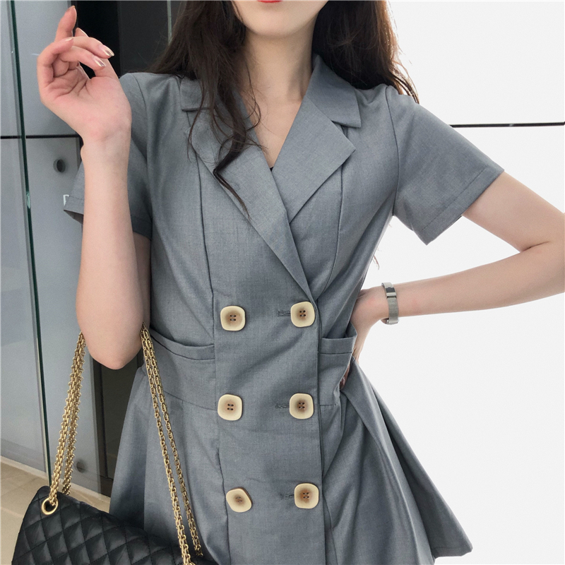 VK旗艦店 韓系復古氣質收腰百褶小西裝雙排釦短袖洋裝