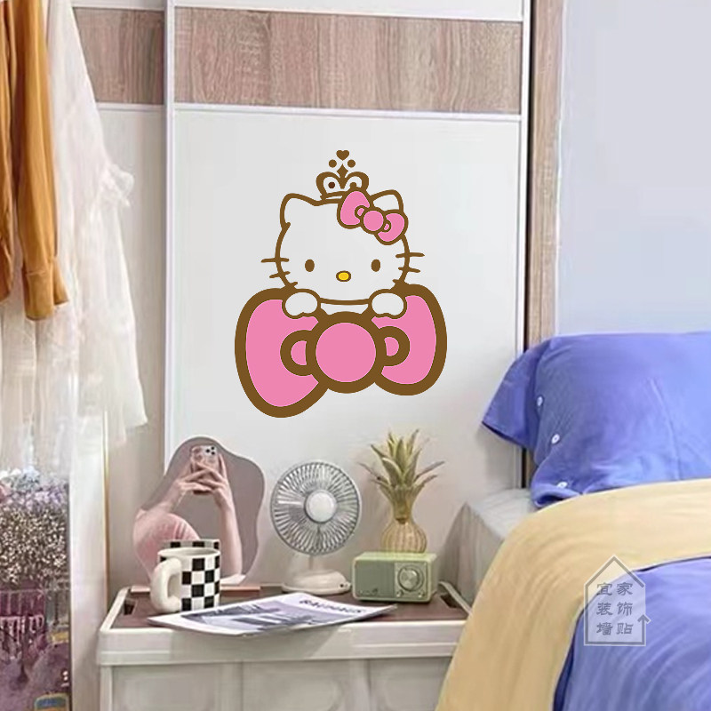 Hello Kitty cat crown bow cute cartoon wall sticker girl bedroom cabinet door sticker waterproof glass sticker