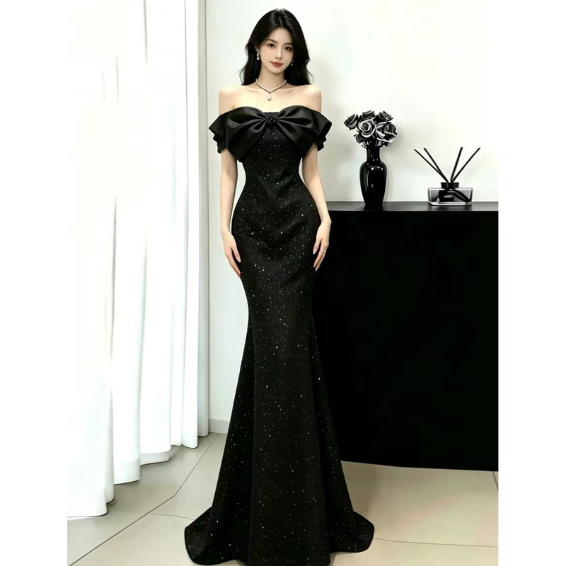Black Evening Dress, One-Shoulder, Host Banquet, Art Exam, Graduation, Coming-Of-Age Ceremony, Sequin Fishtail Dress, High-End Feel Black Evening Dress, One-Shoulder, Host Banquet, Art Exam, Graduation, Coming-Of-Age Ceremony, Sequin Fishtail Dress, High-End Feel