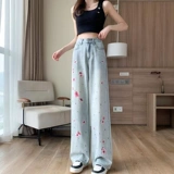 Ретро летние штаны, прямые свободные джинсы, с вышивкой, высокая талия, свободный крой