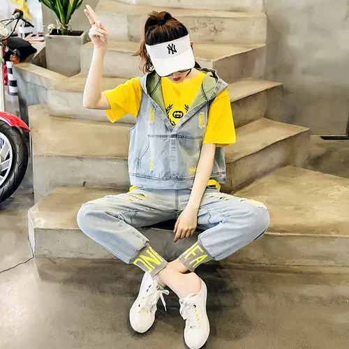 Летний модный джинсовый комплект, коллекция 2021, в корейском стиле, популярно в интернете, 3 предмета, в западном стиле