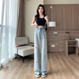 Ретро летние штаны, прямые свободные джинсы, с вышивкой, высокая талия, свободный крой