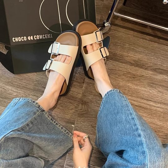 拖鞋女夏外穿时尚2025新款仙女风配裙子高级感厚底一字拖勃肯凉鞋