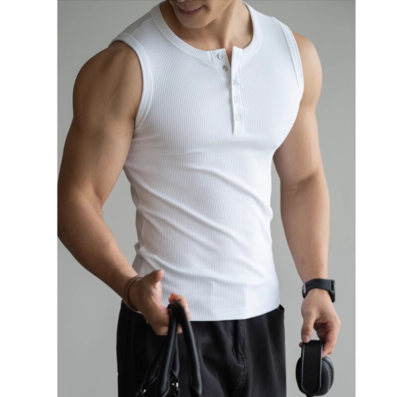 Henry Collar Ribbed Texture Fitness Vest for Men 2026 Summer New Solid Color Ribbed Sleeveless Tank Top T-Shirt