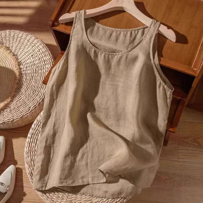 A loose linen halter top for summer 2026, a thin and large-sized linen casual sleeveless base layer for outerwear